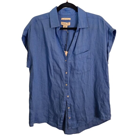 Rachel Zoe NWT Linen To Love 100% Linen Blue Shirt Sleeve Blouse Size M - Picture 2 of 5